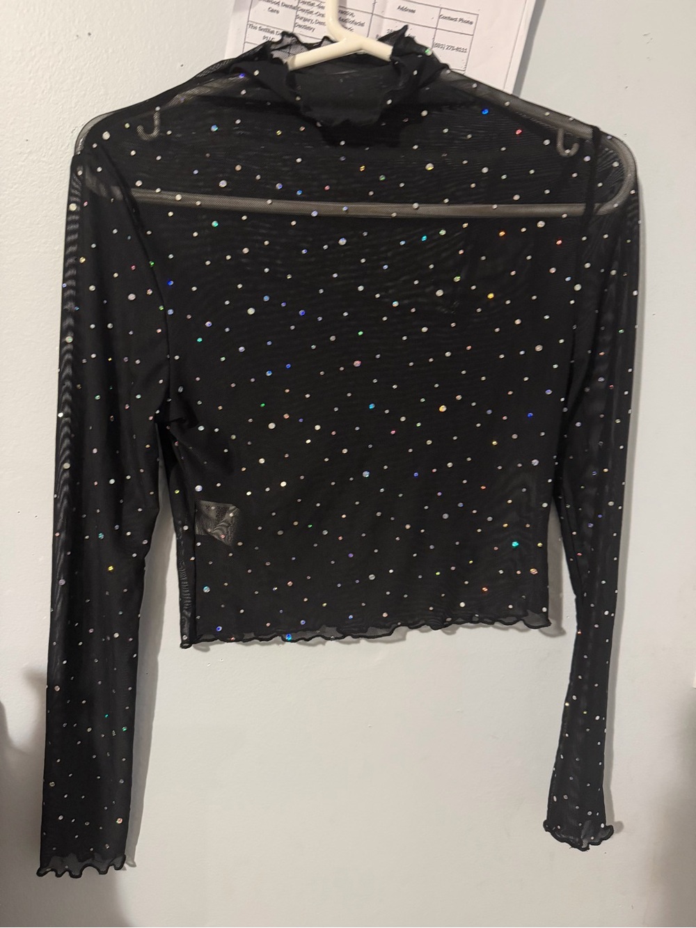 Black Sheer Long-Sleeve Mesh Top with Iridescent Dots